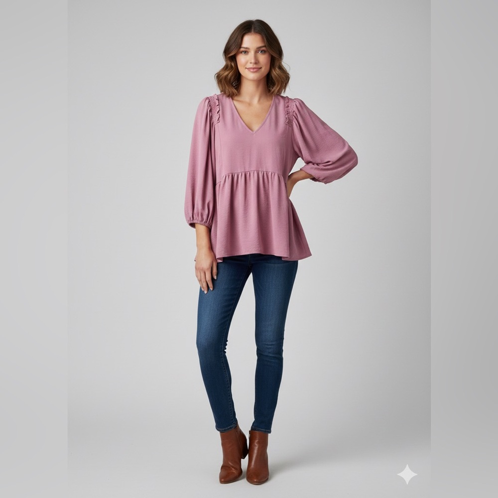 ENTRO V-Neck 3/4 Puff Sleeve Babydoll Peplum Ruffle Top Blouse Barbiecore Size M